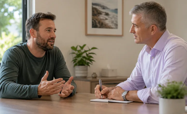 Adult patient talking with Dr Gavin Lobo during an ADHD assessment