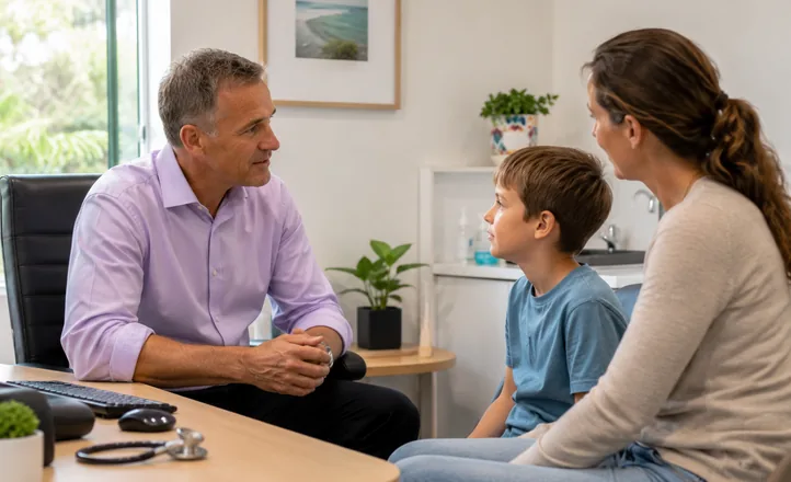 Dr Gavin Lobo talking with a mother and her son in the consulting room